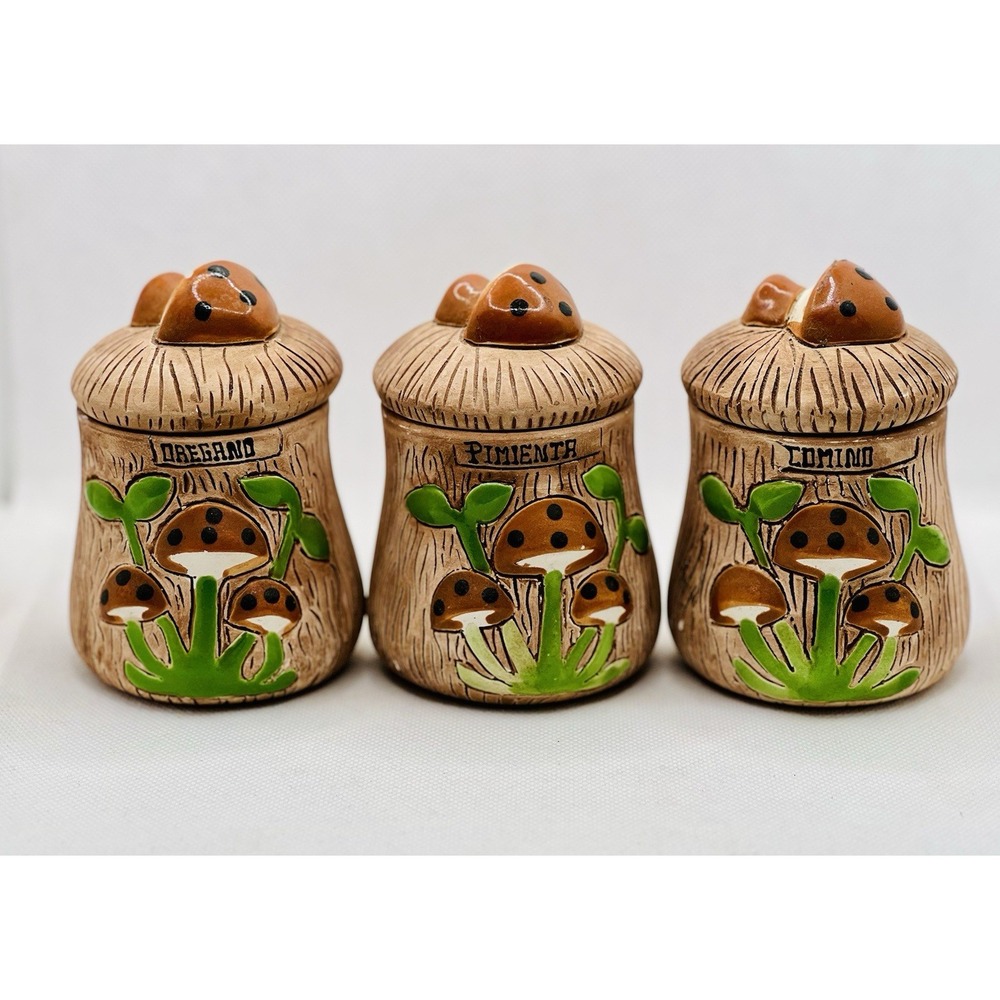 Ceramic Mushroom Spice Jars Set - Brown and Green